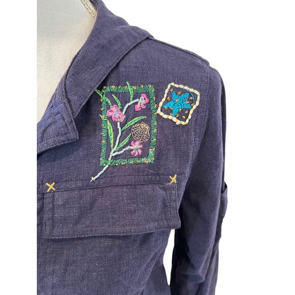 Natalie & Me Linen Blend Embroidered Artsy Sailor collar Jacket Blue - Picture 3 of 6